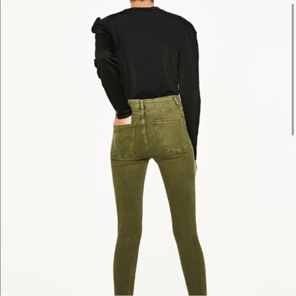 Zara Women Olive Green Button Fly Distressed Knee Skinny Jean High Waist 10 - Picture 9 of 16